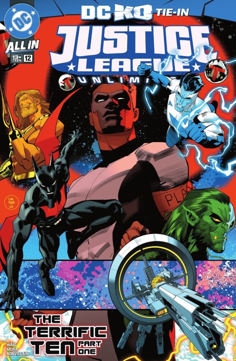 Justice League Unlimited #12 review cover with main DC heroes in action