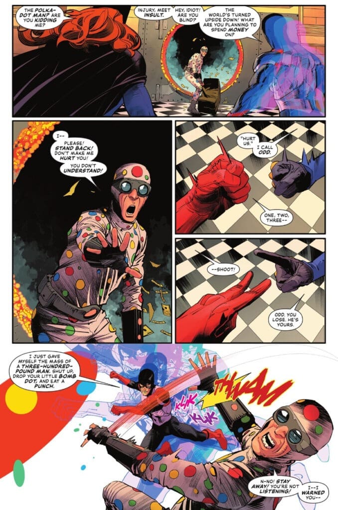 Justice League Unlimited #12 Review shows Batgirl and Atom battling Polka-Dot Man in a chaotic standoff