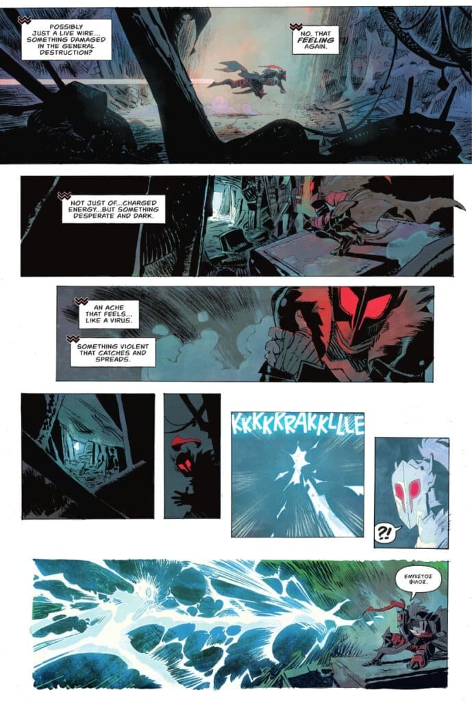 Burst of energy erupts as a figure enters the scene, creating a tense atmosphere