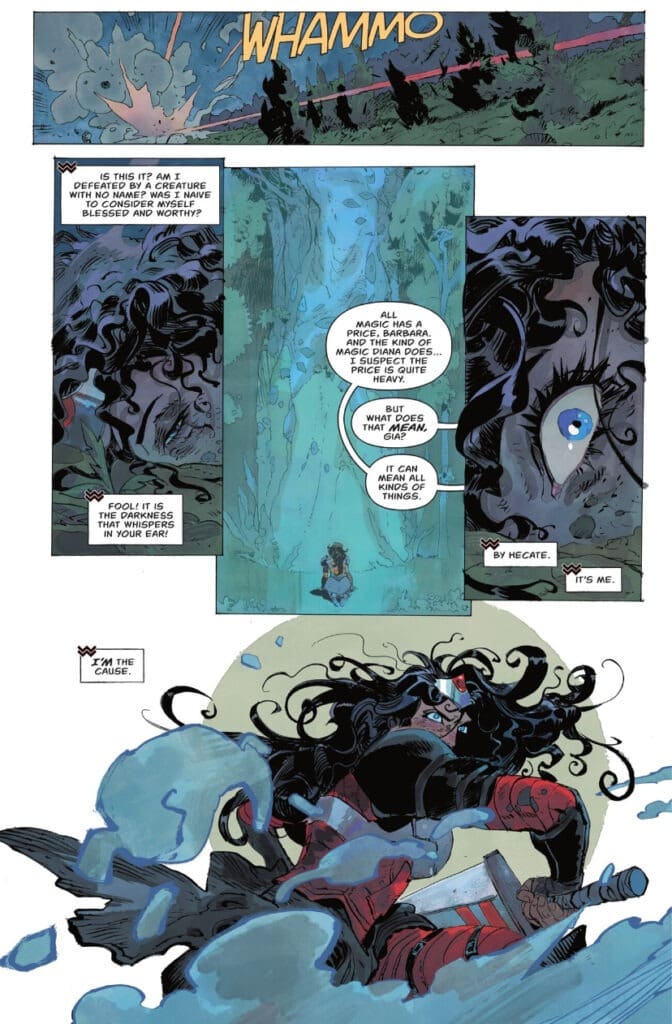 Wonder Woman on the ground after a brutal hit, showing intense emotion