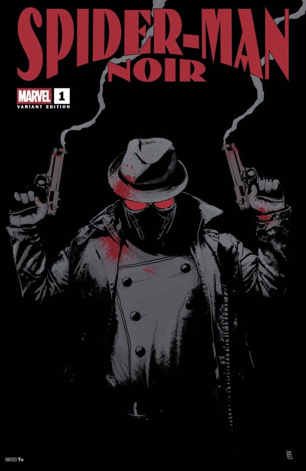 Spider-Man Noir comic cover features the character in a trench coat and fedora, brandishing guns against a dark backdrop, conveying a gritty tone.