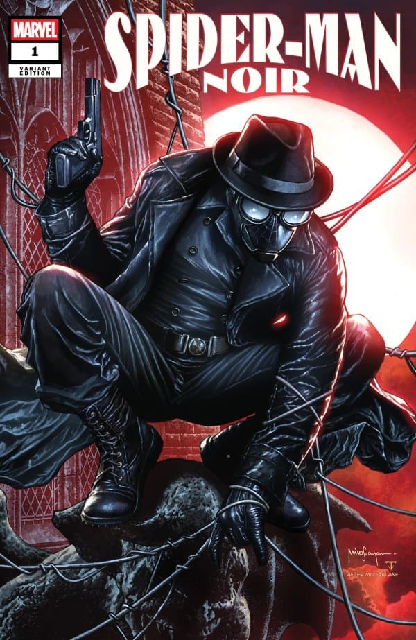 Spider-Man Noir, clad in a dark trench coat and fedora, crouches with a gun amidst a dramatic backdrop of a full moon and gothic architecture.