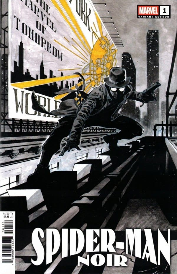Spider-Man Noir comic cover featuring the character crouched on a rooftop, gun drawn, against a city skyline with a vintage advertisement.