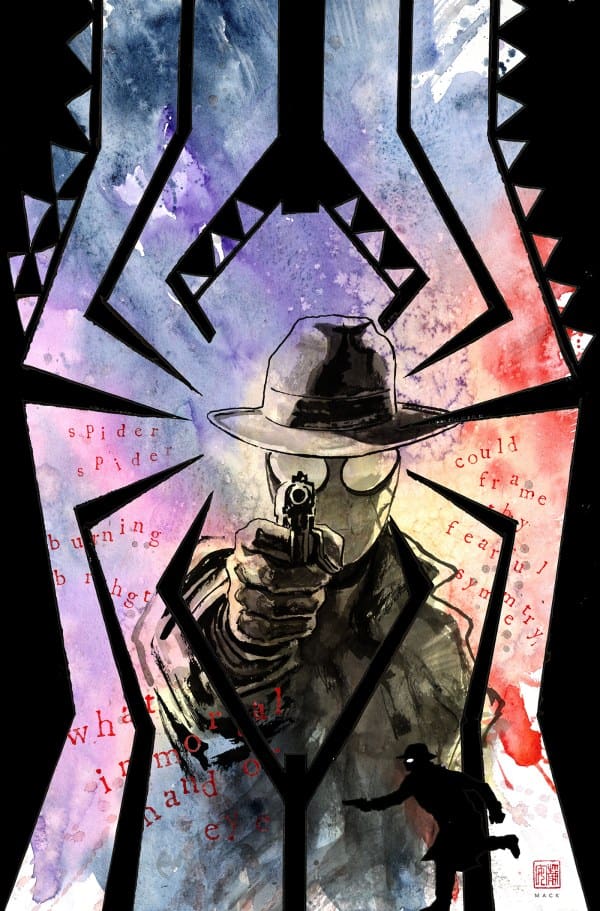 A shadowy figure in a fedora aims a gun, framed by a stylized spider emblem. Abstract colors and words evoke tension and mystery, enhancing a dark narrative theme.