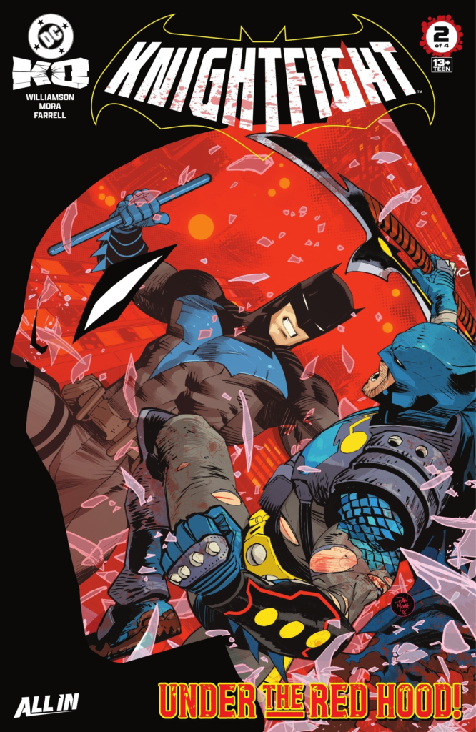 Batman engages in an intense battle with the Red Hood, surrounded by shattered glass and a vibrant red background, in "Knightfight #2."