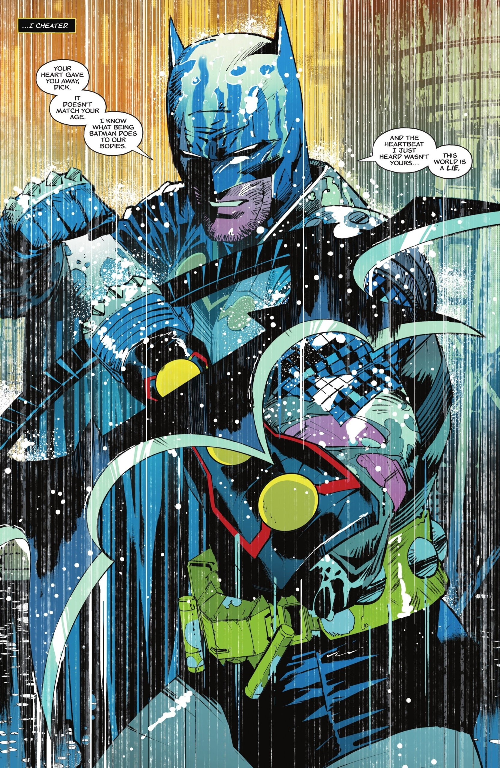 Batman confronts a character named Dick, revealing secrets about their identities amid a dramatic, colorful background. The scene conveys tension and mystery.