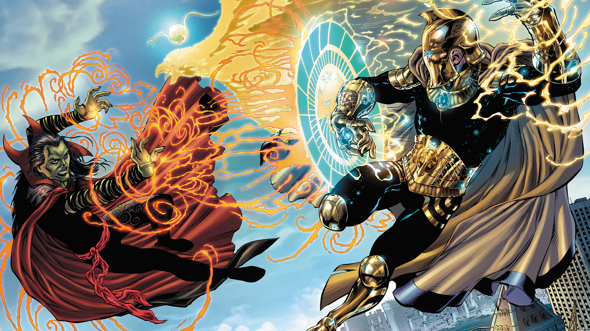 Two powerful sorcerers battle mid-air, one casting fiery spells while the other wields a glowing shield, showcasing a clash of magic and strength.