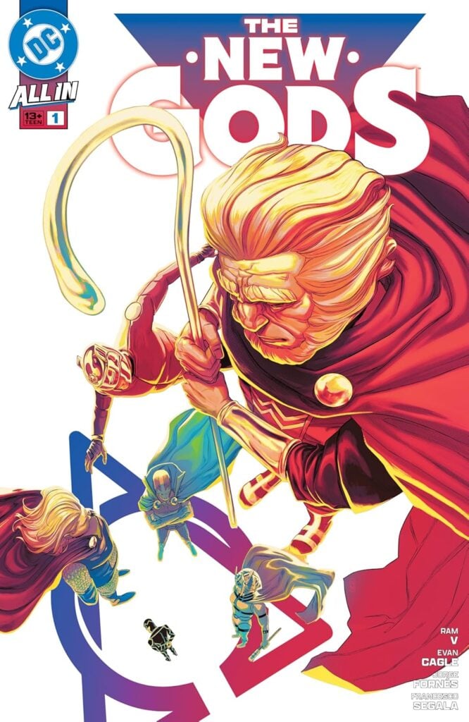 The New Gods on a white background cover, standing on a symbol that looks like a circle and triangle