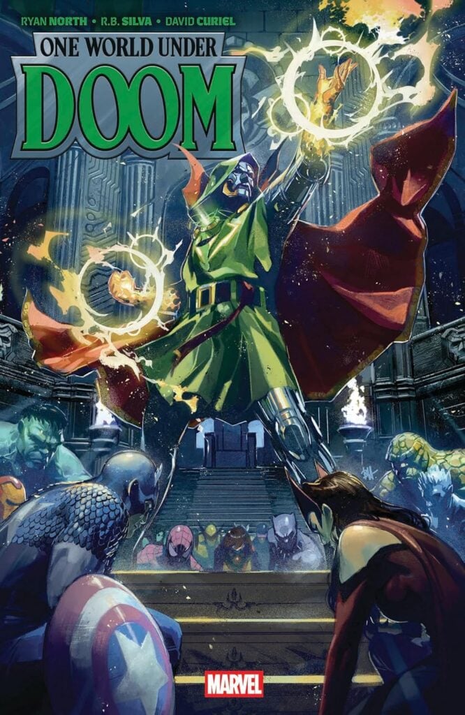 Dr. Doom on a cover wielding magic while a bunch of heroes kneel, including Captain America, Scarlet Witch, Spider-Man, Hulk, ironman, the thing and more