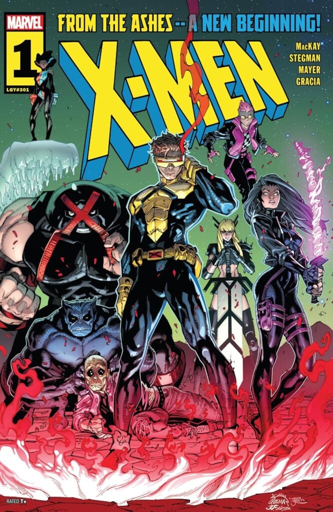 The X-Men standing on a cover, including Cyclops, Magik, Beast, Psylocke, and more, looking towards the audience