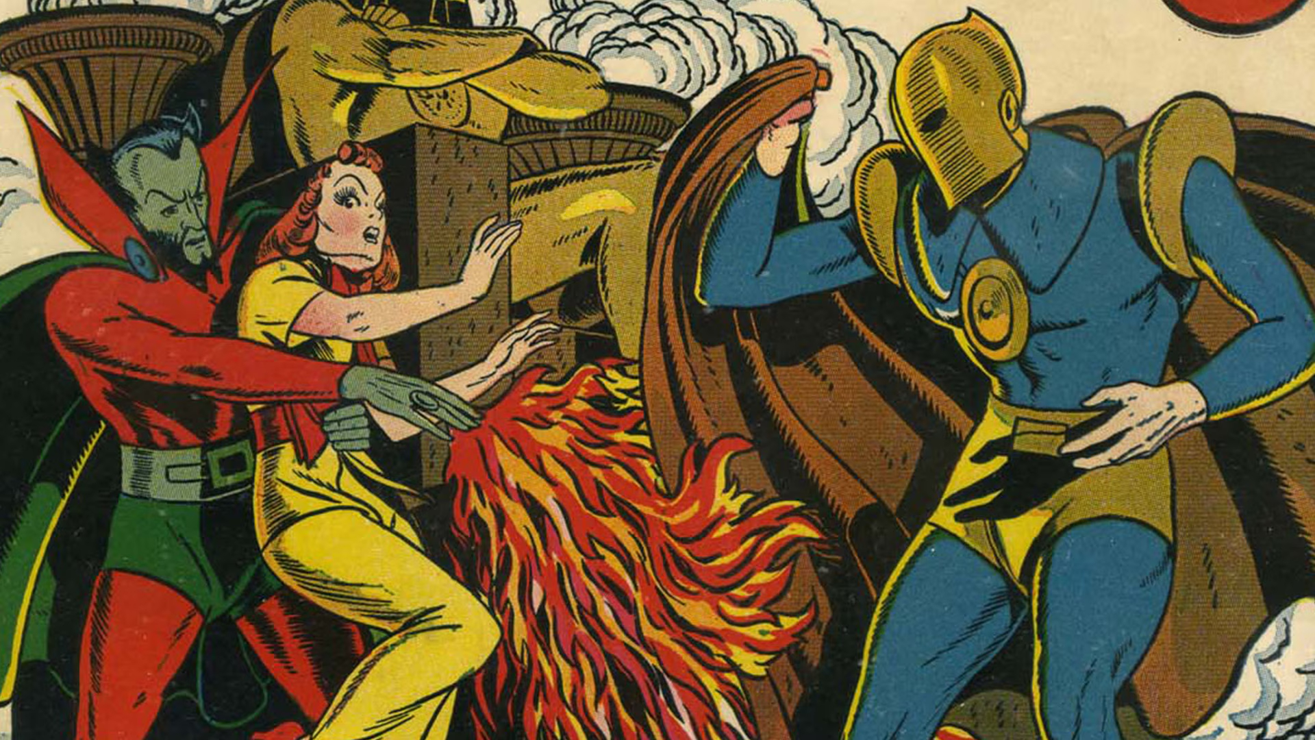 A red-masked villain confronts a hero in blue armor, while a woman in yellow flees from flames. The scene depicts a dramatic comic book battle.