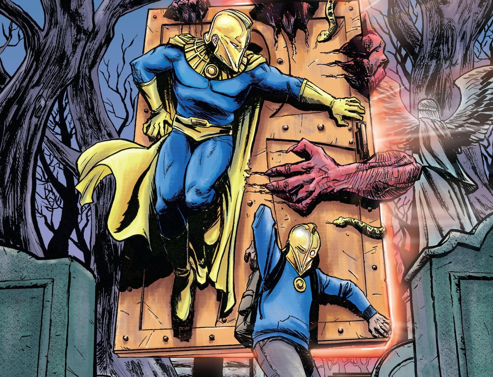 A superhero in a blue and gold costume leaps from a wooden box, while a child in a blue hoodie pulls away, surrounded by eerie hands and a ghostly figure.