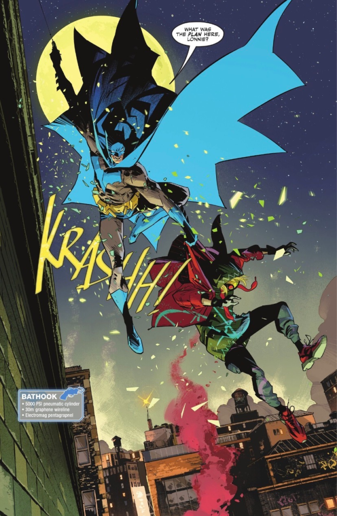 Batman and Anarky hanging from a window