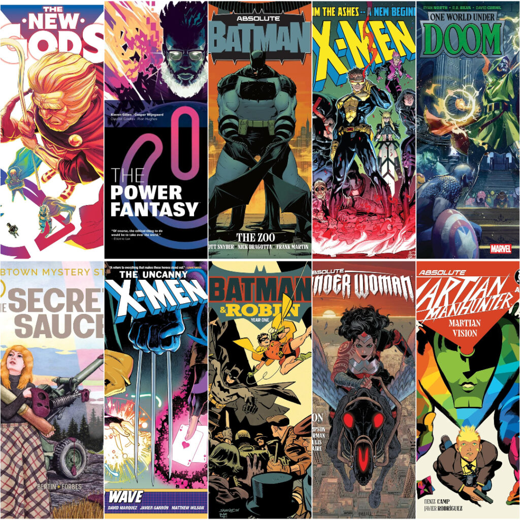 Shows a list of 10 best comics from 2025, inclusing Absolute Batman to the Power Fantasy
