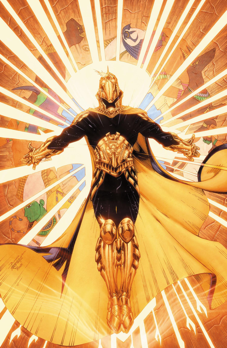 A golden armored character stands with arms outstretched, radiating light, surrounded by ancient Egyptian motifs, symbolizing power and transformation.