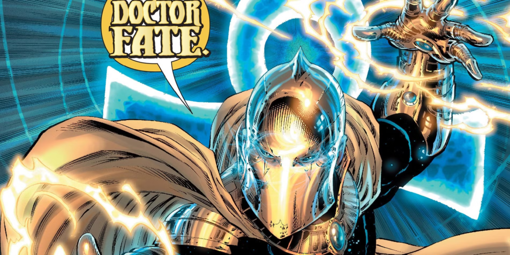 Doctor Fate conjures mystical energy, wearing a golden helmet and flowing cape against a vibrant blue backdrop, showcasing his magical prowess.