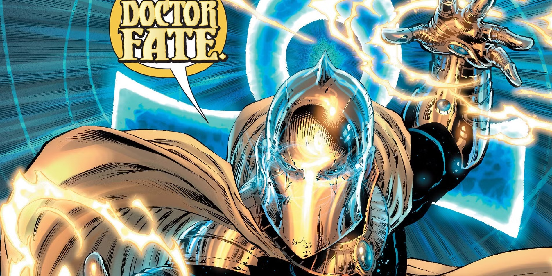 Doctor Fate conjures mystical energy, wearing a golden helmet and flowing cape against a vibrant blue backdrop, showcasing his magical prowess.