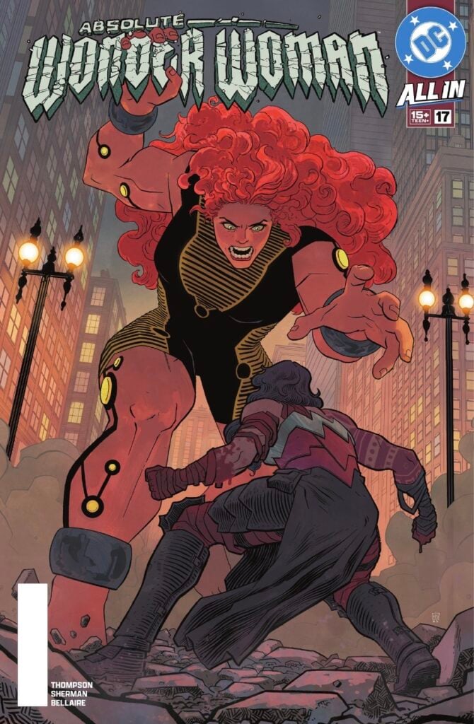 giganta and wonder woman fighting on a cover