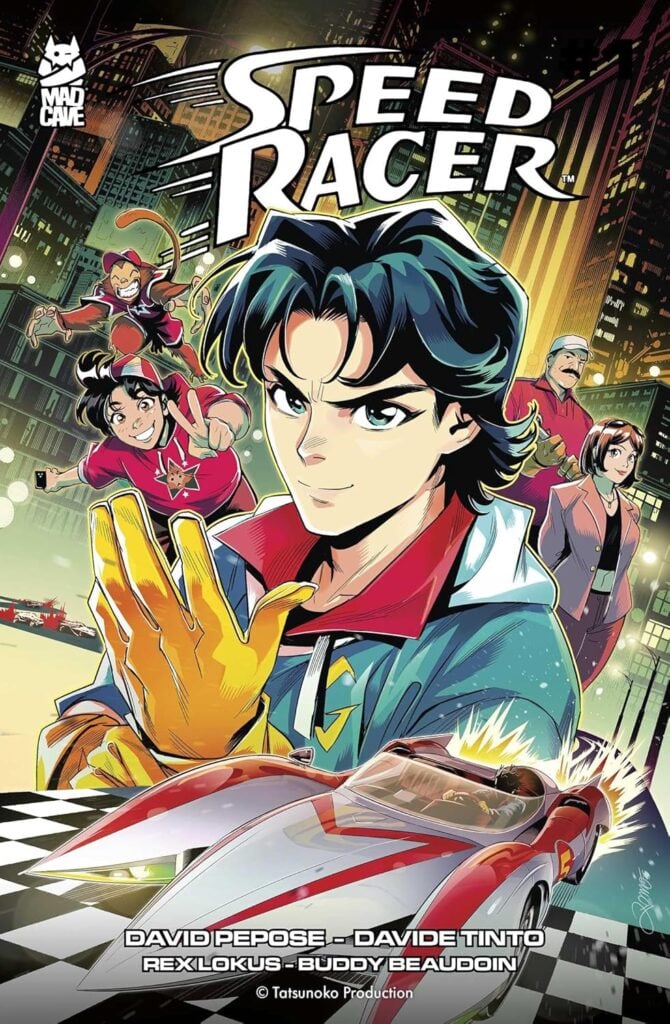 Speed Racer and crew on a cover featuring the Mach 5