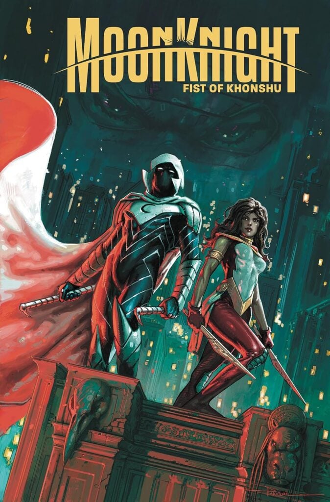 Moon Knight standing on a rooftop with a woman