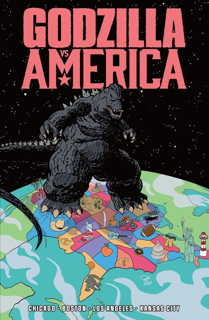 Godzilla literally standing over a map of the USA