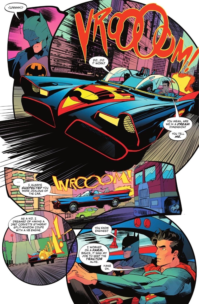 Batman and superman in super-mobile