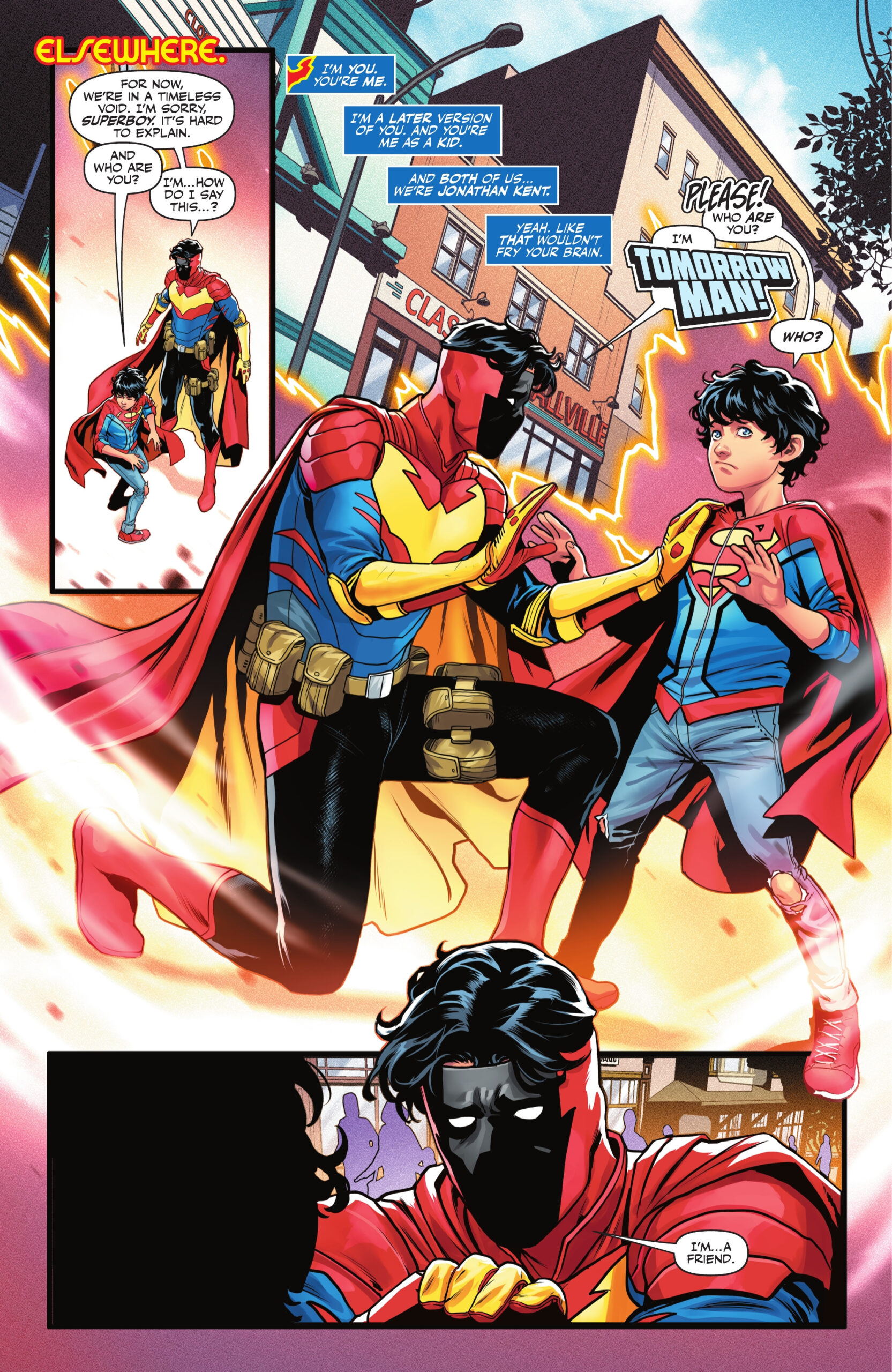 Superboy and Tomorrow Man helping smallville