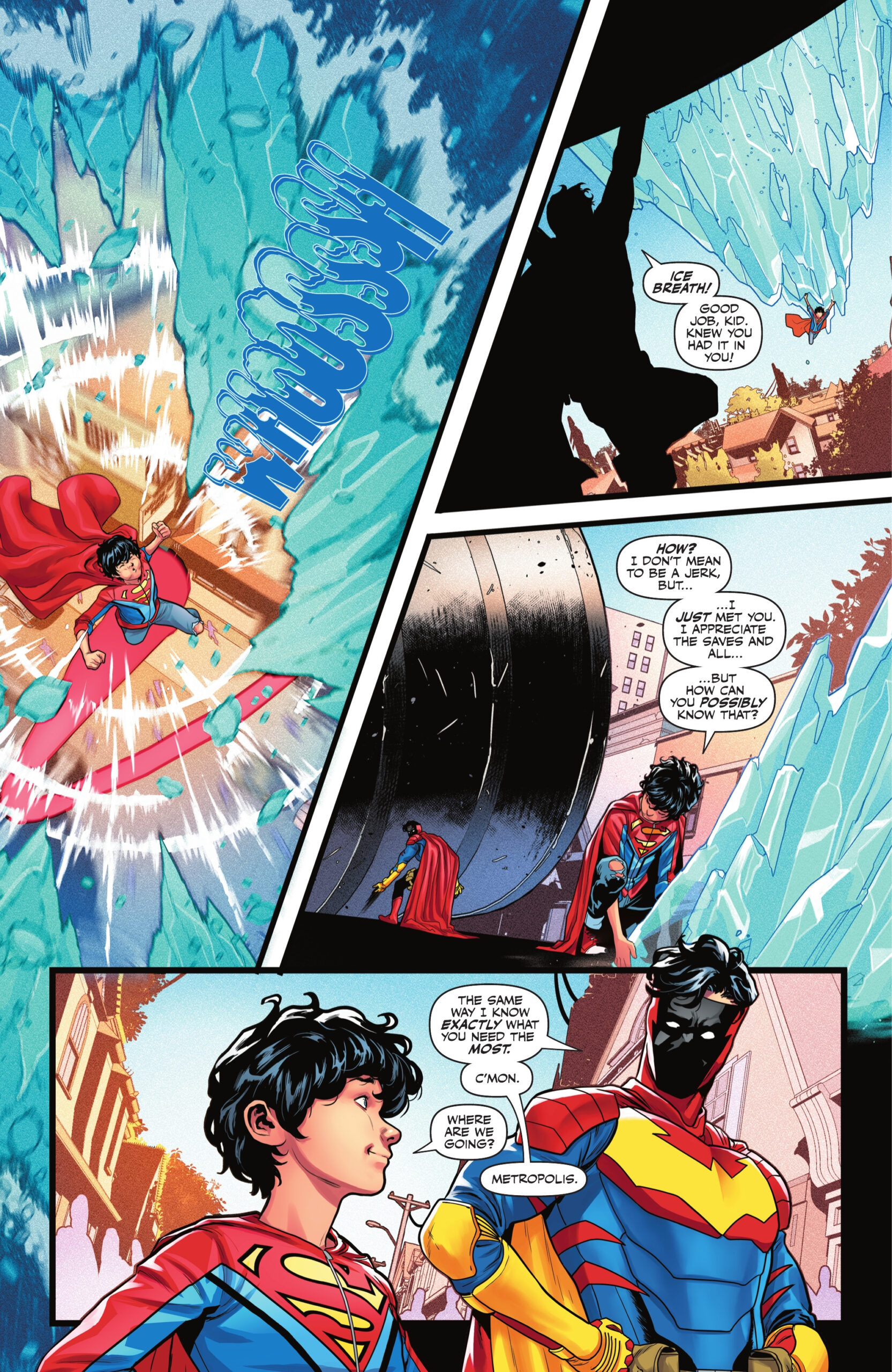 Superboy and Tomorrow Man helping smallville