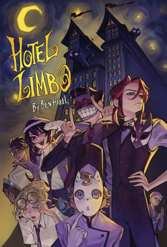 a couple characters on a cover outside of a spooky hotel
