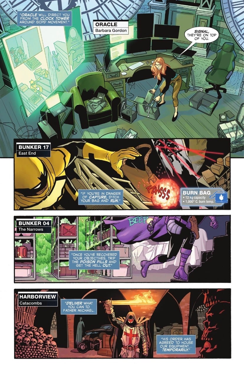 A multi-panel comic page showing different members of the Batfamily operating in various bunkers across Gotham. The top panel shows Barbara Gordon as Oracle frantically packing tech in the Clock Tower. Middle panels feature Signal (Duke Thomas) in Bunker 17 and Spoiler (Stephanie Brown) in Bunker 04 handling "burn bags" and "poison pills" to destroy evidence. The bottom panel shows a mysterious figure with a flaming sword in the Harborview catacombs.