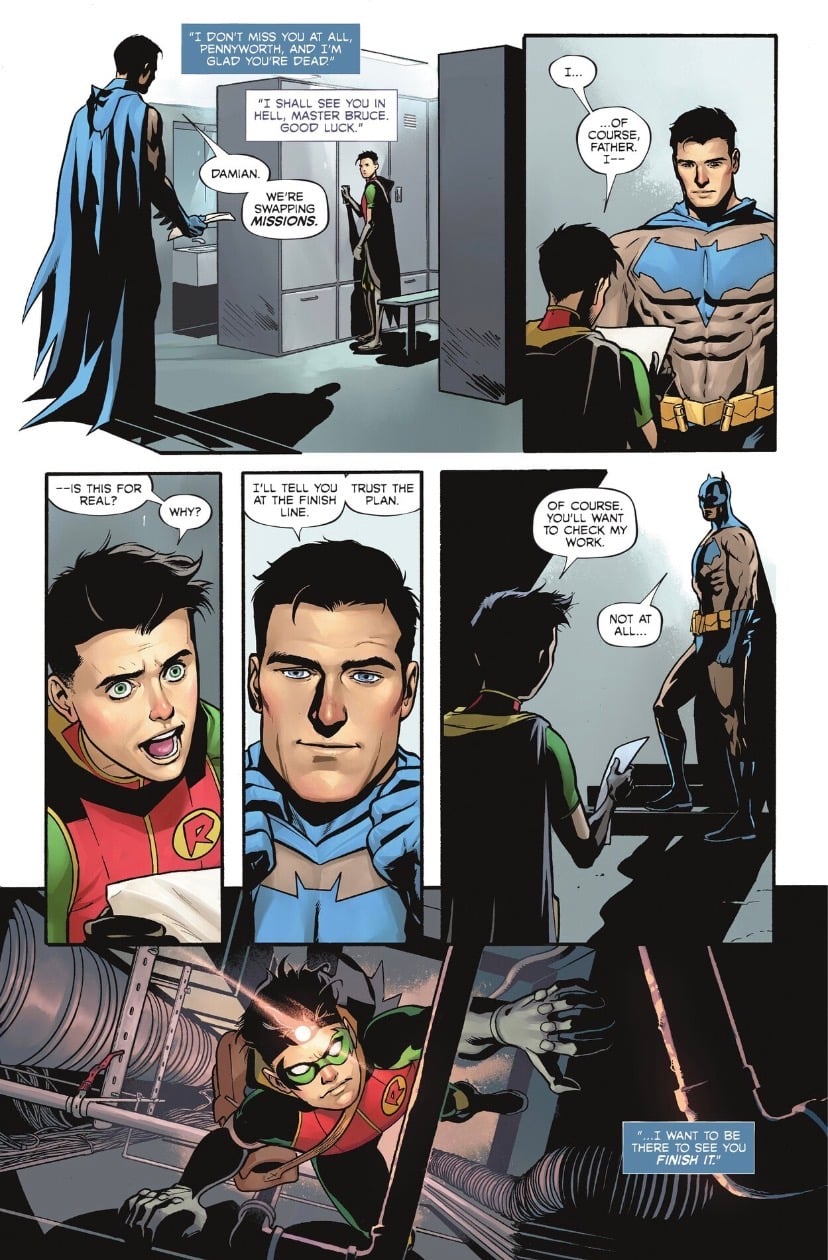 A comic book page detailing a conversation between Bruce Wayne and Damian Wayne in a locker room. Bruce, wearing the Batman suit without his cowl, hands a mission briefing to a surprised Damian. Inset panels show close-ups of Damian's shock and Bruce's calm, supportive expression. The bottom of the page shows Damian in full Robin gear crawling through a vent, illuminated by a headlamp.